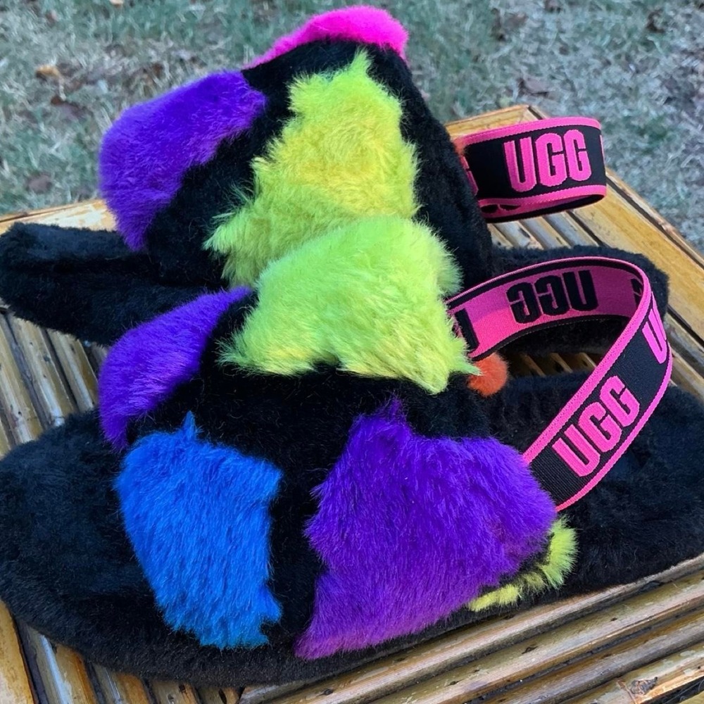UGG Oh Fluffita Slide Sandals Kids Size 3 Multicolor Good Faux Fur Slingback